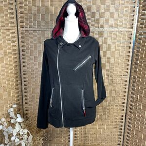 Tripp NYC Black Knit Jacket with Red Plaid Hood